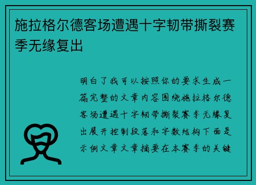 施拉格尔德客场遭遇十字韧带撕裂赛季无缘复出 施拉格尔德客场遭遇十字韧带撕裂赛季无缘复出